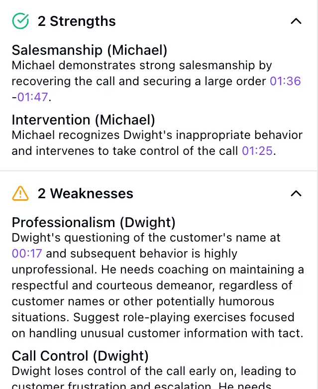 Voxjar Agent coaching strengths and weaknesses