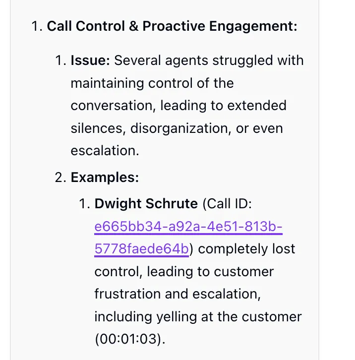 AI answer citing the specific call IDs it drew from
