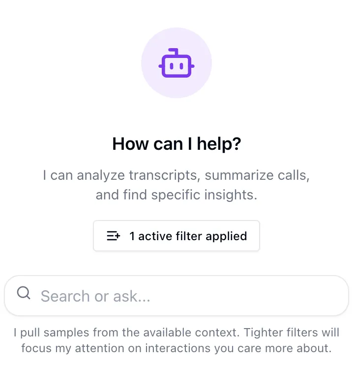 Filter panel selecting a batch of calls by agent, score, and topic