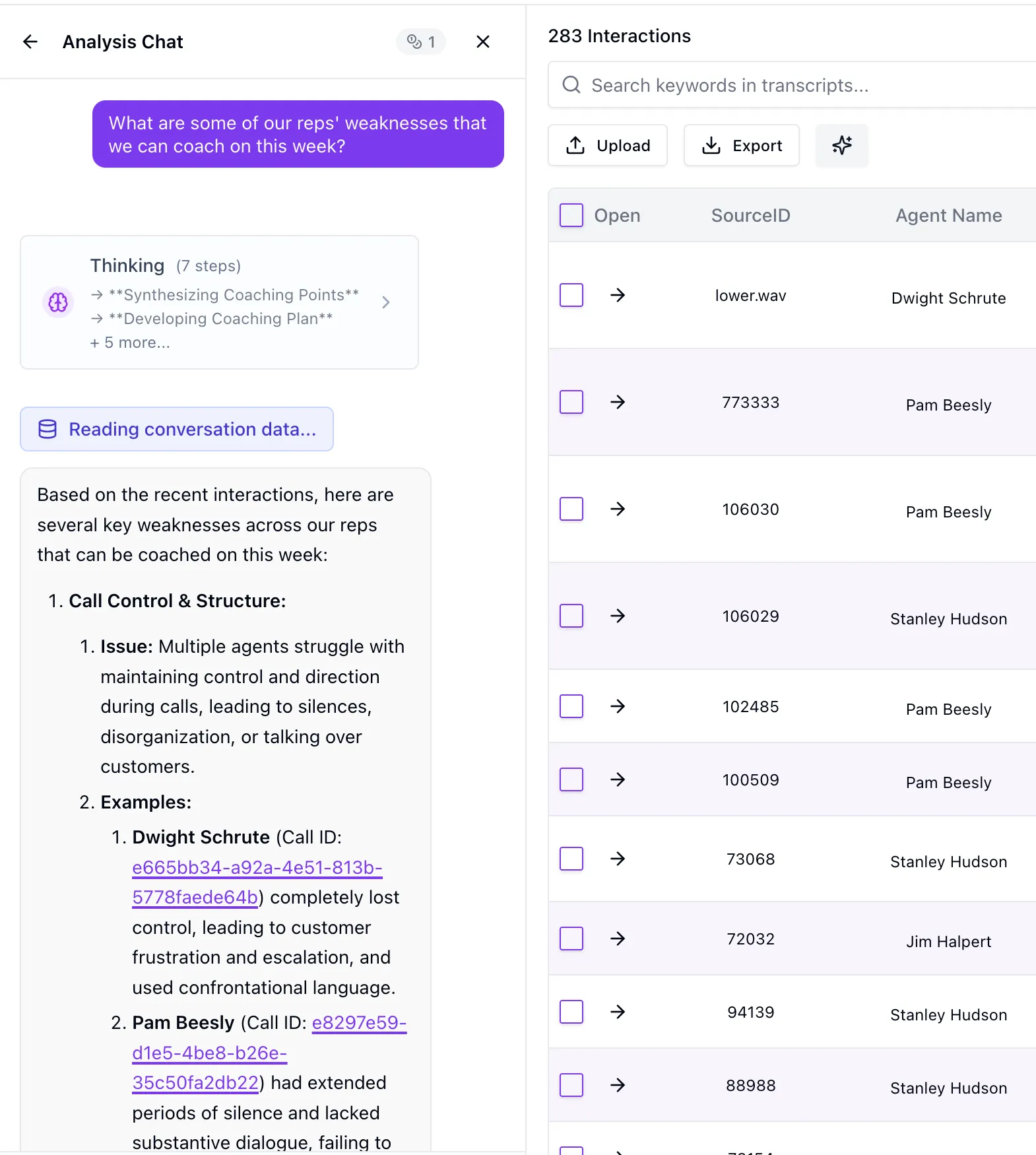 AI answering an ad hoc question across a filtered set of calls