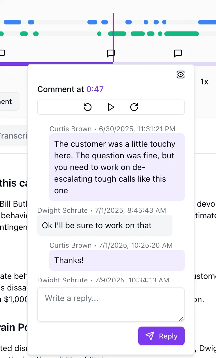 Coaching comment thread attached to a moment in a call, with agent replies