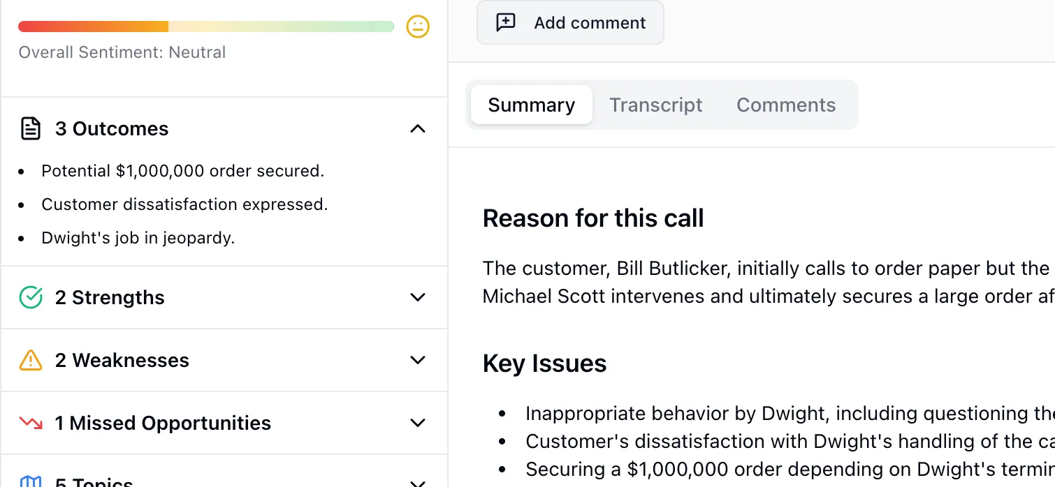 Voxjar AI generated call summary and sentiment score