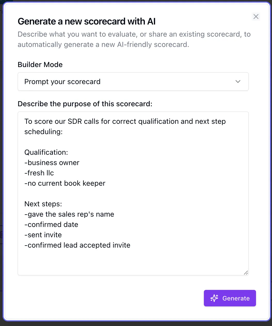 Voxjar AI generating a scorecard from a simple text prompt