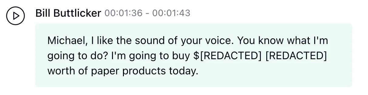 Credit card number redacted from the transcript text