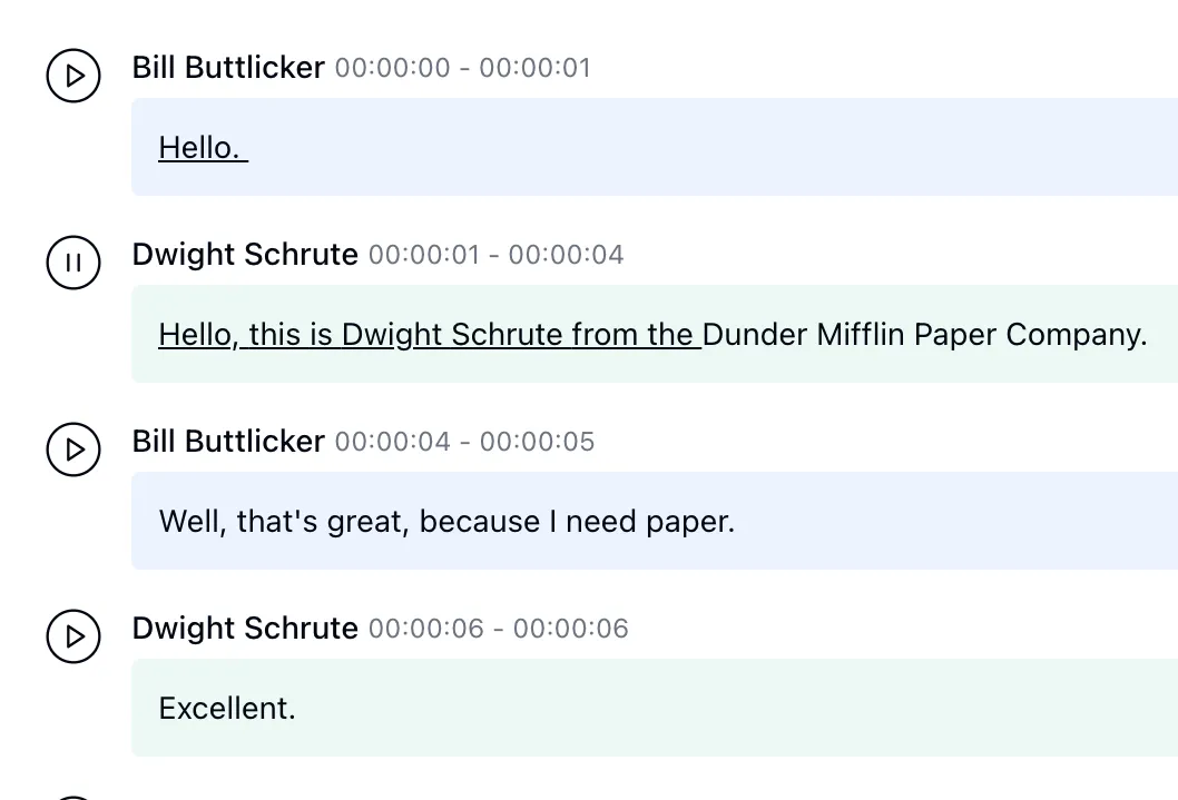 Searchable, timestamped transcript synced to the call audio
