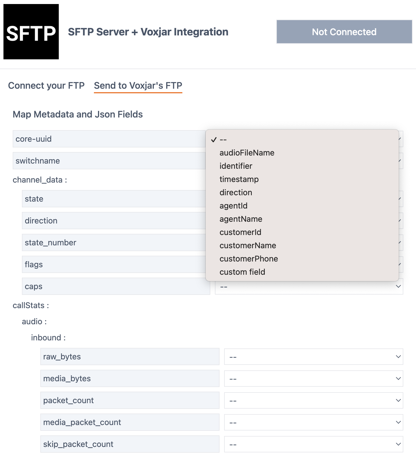 JSON metadata mapping for call recordings on Voxjar's sftp server